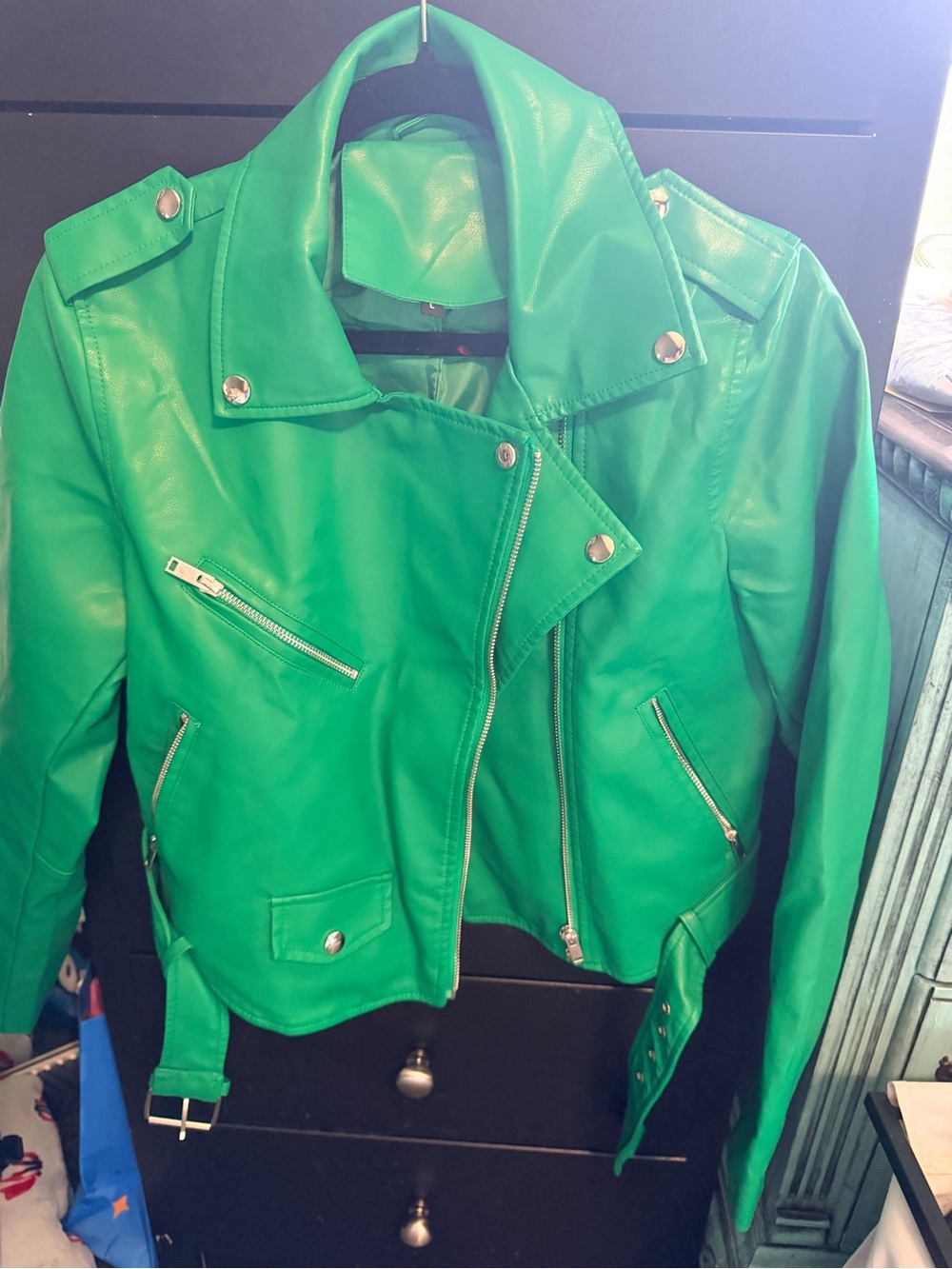 Green Faux Leather Moto Jacket - Women